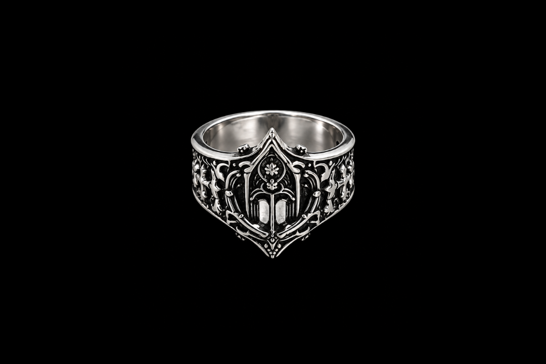 Dark Cathedral Signet Ring on a black background