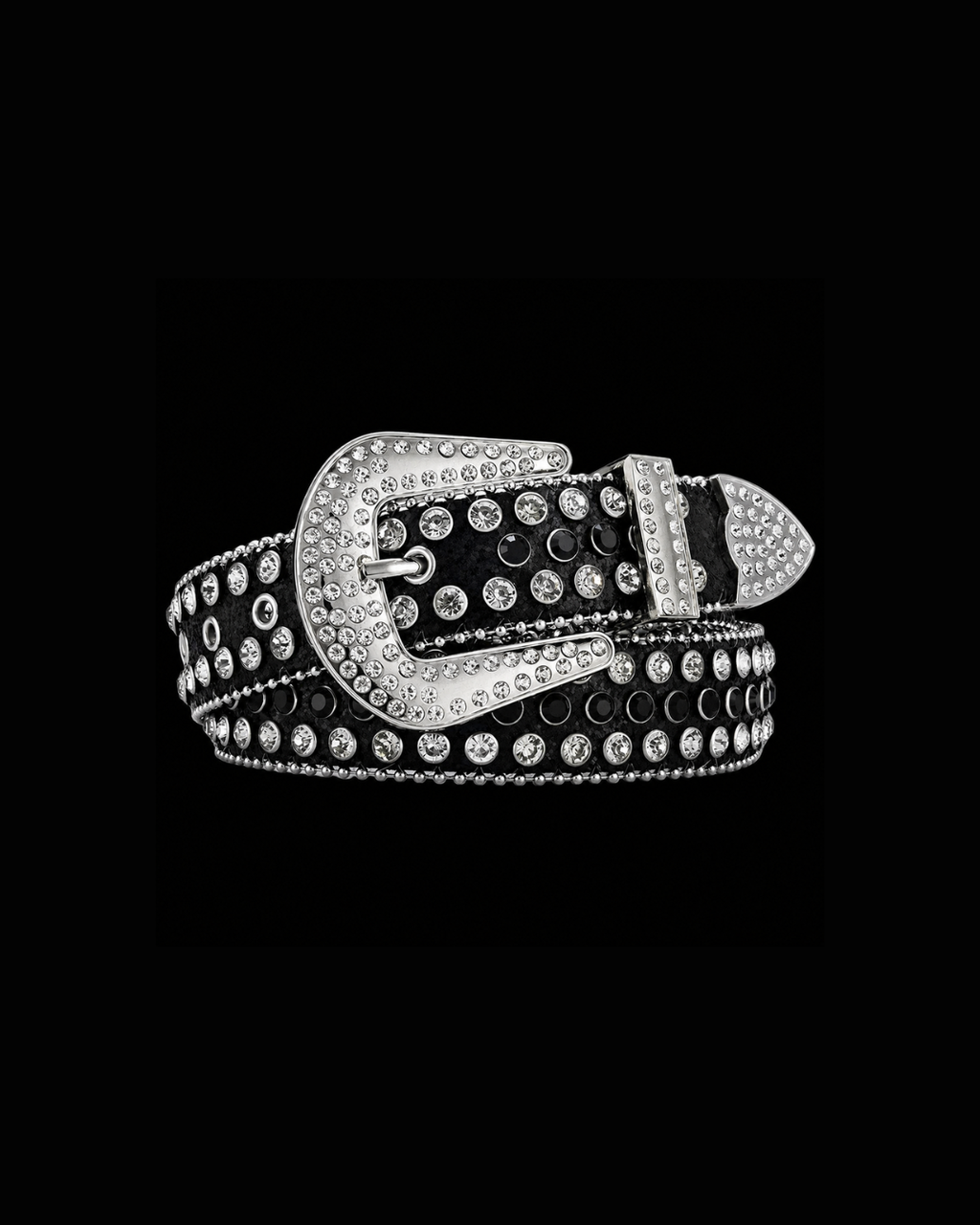 Black Rhinestone-Studded Leather Belt