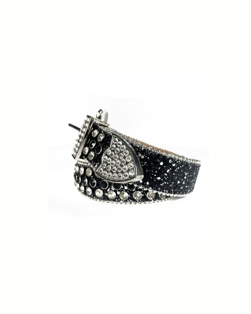 Black Rhinestone-Studded Leather Belt