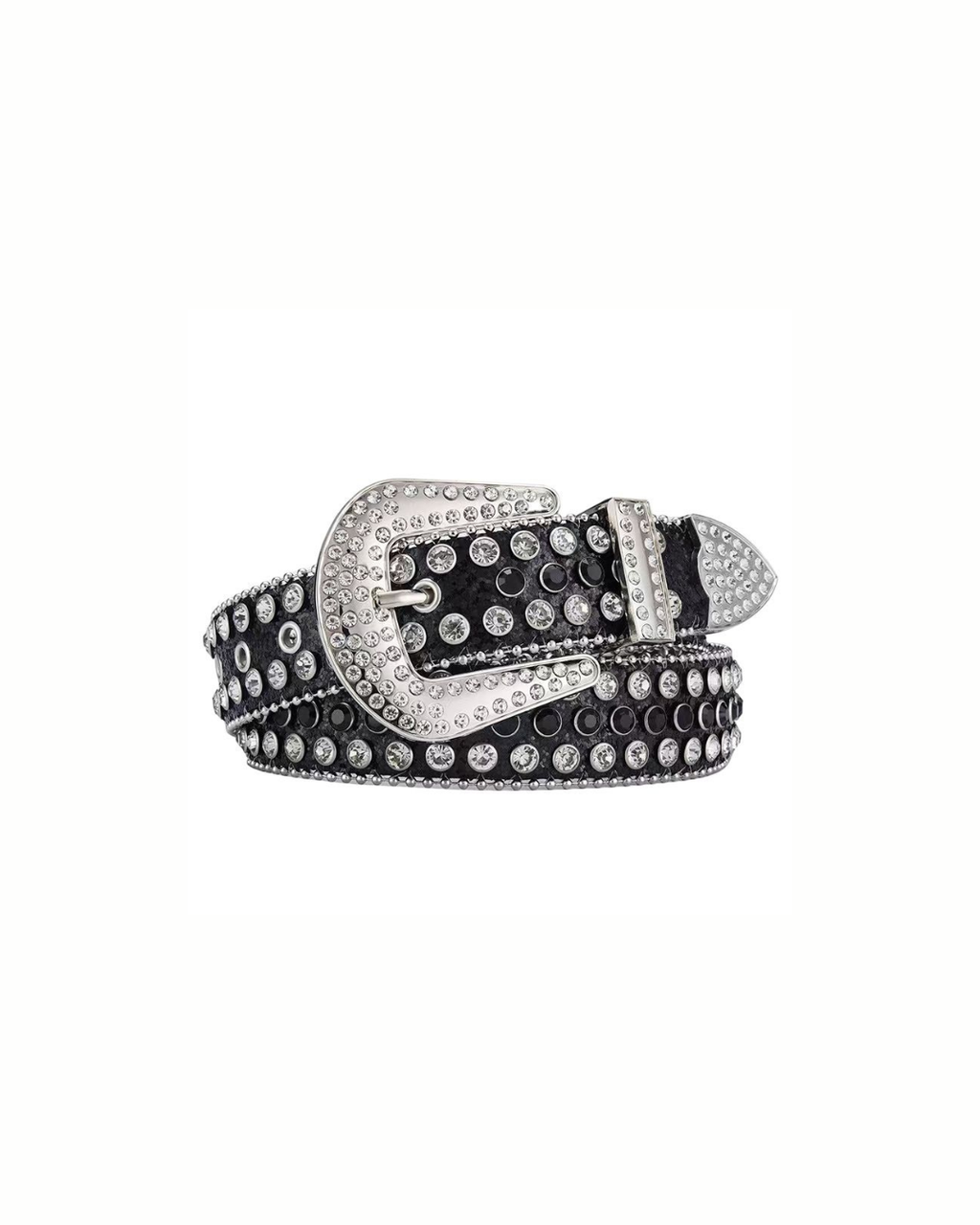 Black Rhinestone-Studded Leather Belt