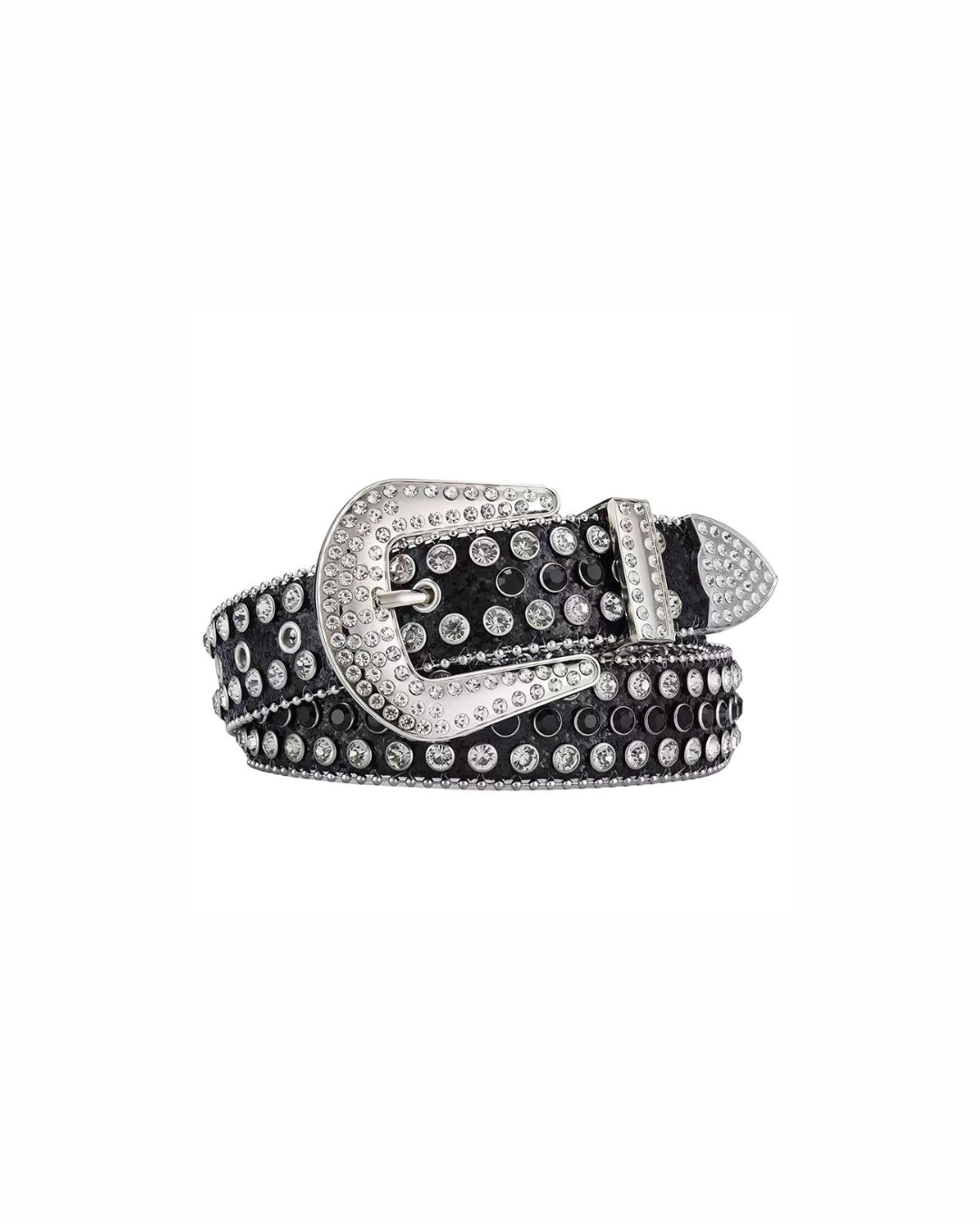 Black Rhinestone-Studded Leather Belt