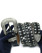 Black Rhinestone-Studded Leather Belt