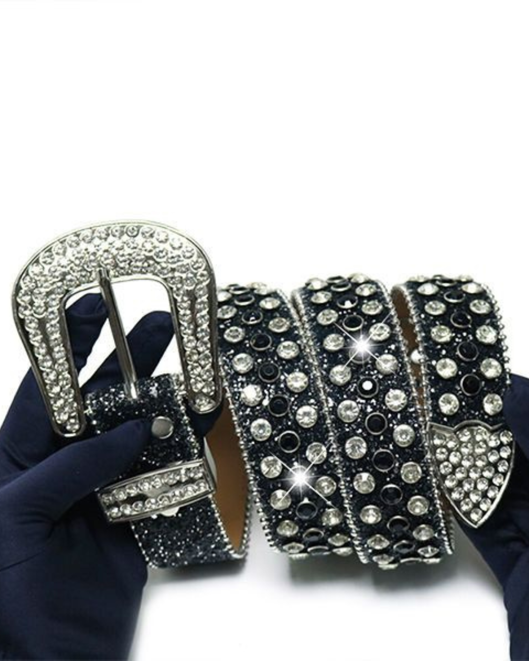 Black Rhinestone-Studded Leather Belt